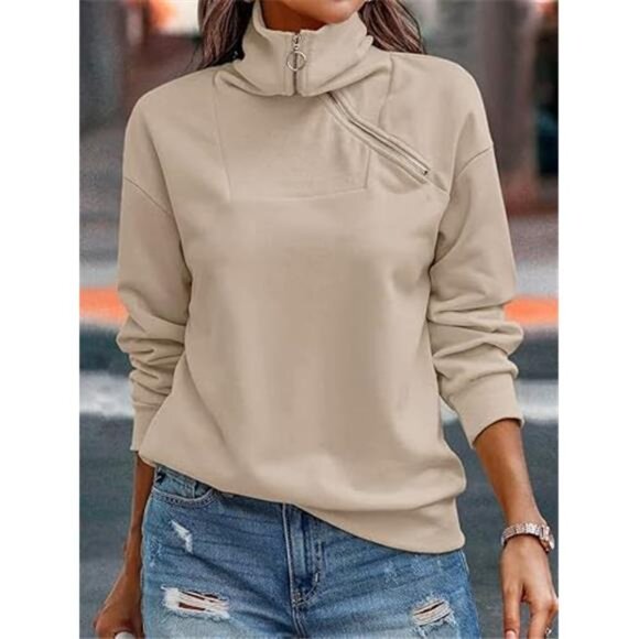 Women's Loose Fit Turtleneck Zipper Sweatshirt – Casual Long Sleeve Pullover - Picture 3 of 7